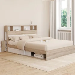 Letto matrimoniale con contenitore + testiera e base 160 x 200 cm in faggio e bianco - CLEM | IdMarket