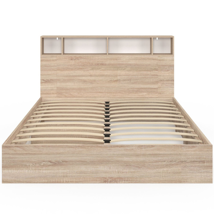 Letto matrimoniale con contenitore + testiera e base 160 x 200 cm in faggio e bianco - CLEM | IdMarket