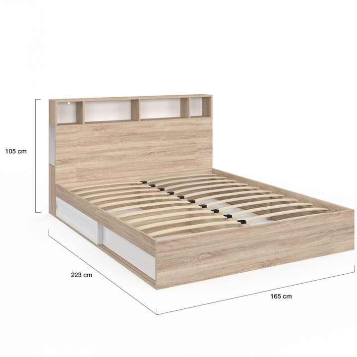 Letto matrimoniale con contenitore + testiera e base 160 x 200 cm in faggio e bianco - CLEM | IdMarket
