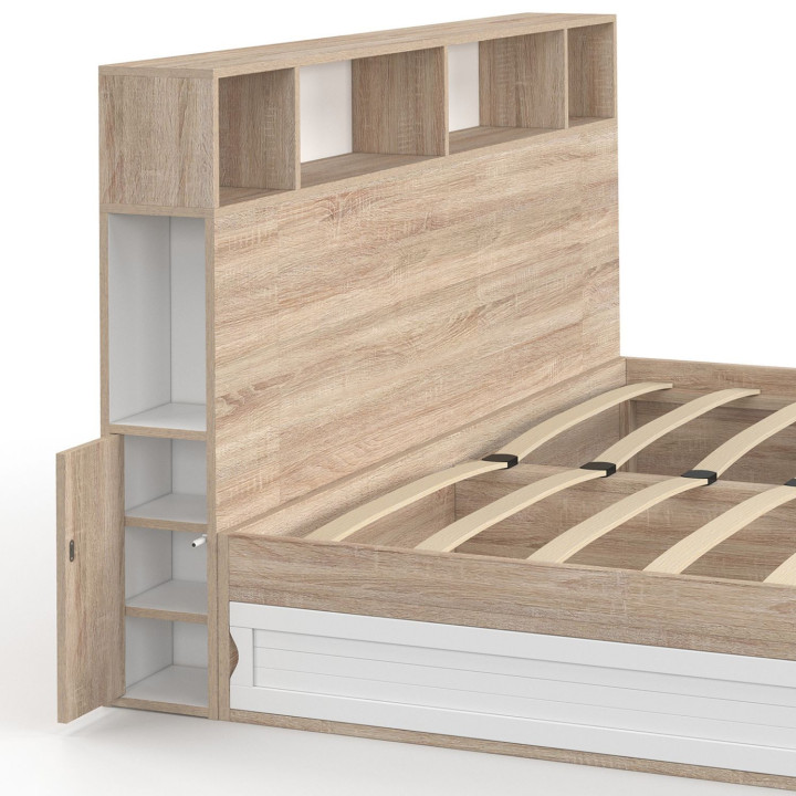 Letto matrimoniale con contenitore + testiera e base 160 x 200 cm in faggio e bianco - CLEM | IdMarket