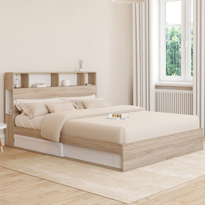 Letto matrimoniale con contenitore + testiera e base 160 x 200 cm in faggio e bianco - CLEM | IdMarket