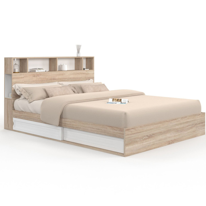 Letto matrimoniale con contenitore + testiera e base 160 x 200 cm in faggio e bianco - CLEM | IdMarket