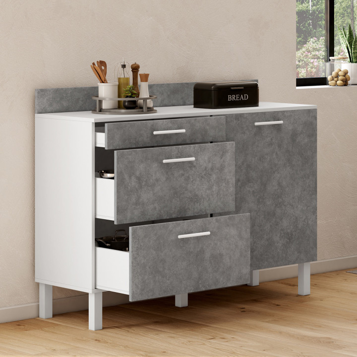 Credenza bassa 120 cm H.83 cm 1 anta + 3 cassetti effetto cemento bianco e grigio - CINA | IdMarket