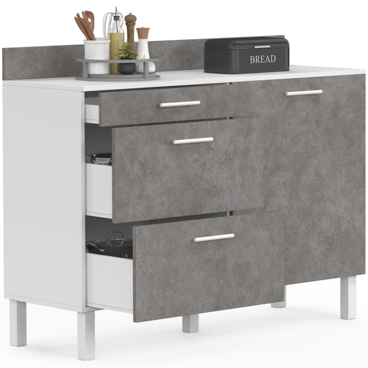 Credenza bassa 120 cm H.83 cm 1 anta + 3 cassetti effetto cemento bianco e grigio - CINA | IdMarket