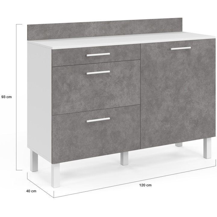Credenza bassa 120 cm H.83 cm 1 anta + 3 cassetti effetto cemento bianco e grigio - CINA | IdMarket