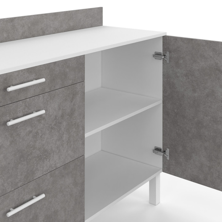 Credenza bassa 120 cm H.83 cm 1 anta + 3 cassetti effetto cemento bianco e grigio - CINA | IdMarket