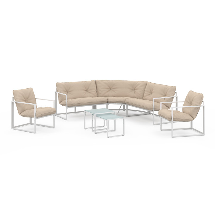 Set di mobili da giardino bassi a 8 posti con angolo in acciaio bianco e cuscini beige - NAIROBI | IdMarket