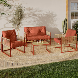 Set di mobili da giardino bassi a 4 posti con struttura in metallo color terracotta, cordame effetto rattan e cuscini in terraco