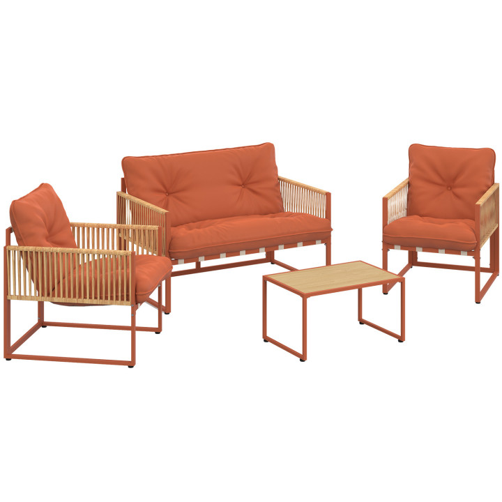 Set di mobili da giardino bassi a 4 posti con struttura in metallo color terracotta, cordame effetto rattan e cuscini in terraco