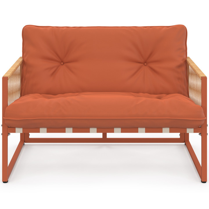 Set di mobili da giardino bassi a 4 posti con struttura in metallo color terracotta, cordame effetto rattan e cuscini in terraco