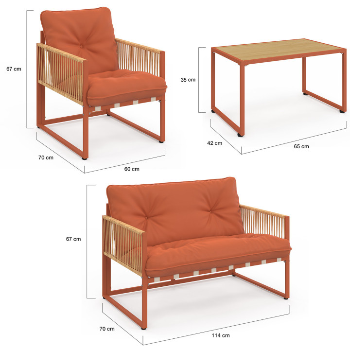 Set di mobili da giardino bassi a 4 posti con struttura in metallo color terracotta, cordame effetto rattan e cuscini in terraco