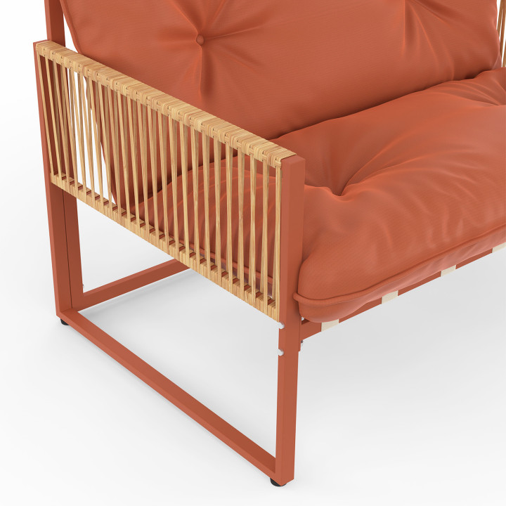 Set di mobili da giardino bassi a 4 posti con struttura in metallo color terracotta, cordame effetto rattan e cuscini in terraco