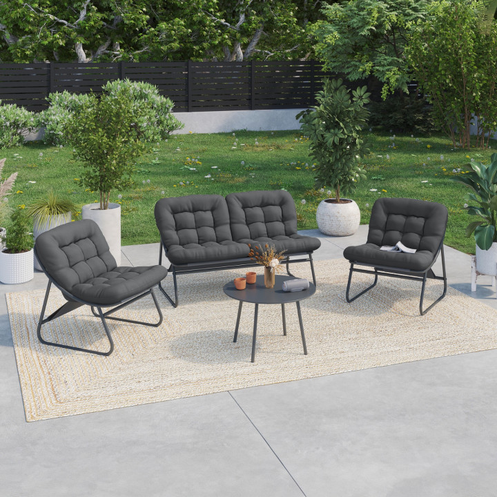 Set di mobili da giardino bassi a 4 posti in metallo grigio e cuscini con divano, poltrone e tavolo - ARONA | IdMarket