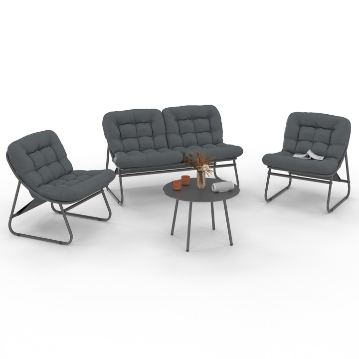 Set di mobili da giardino bassi a 4 posti in metallo grigio e cuscini con divano, poltrone e tavolo - ARONA | IdMarket