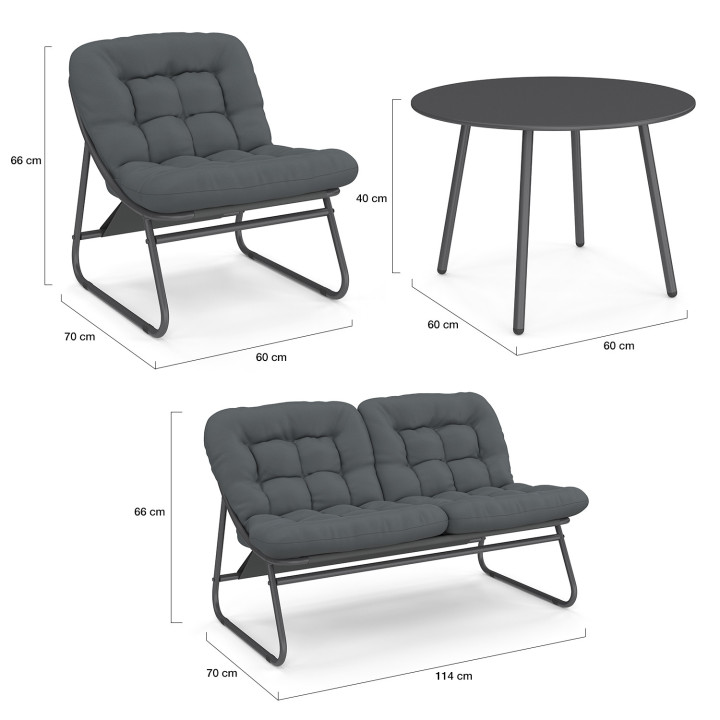 Set di mobili da giardino bassi a 4 posti in metallo grigio e cuscini con divano, poltrone e tavolo - ARONA | IdMarket