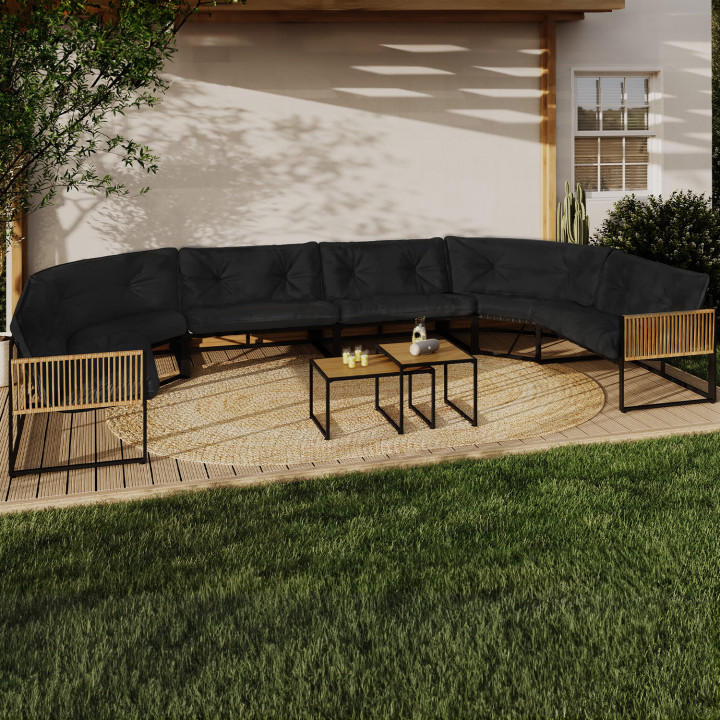 Set di mobili da giardino bassi a 12 posti salotto angolare in metallo nero con cuscini neri - RIO | IdMarket