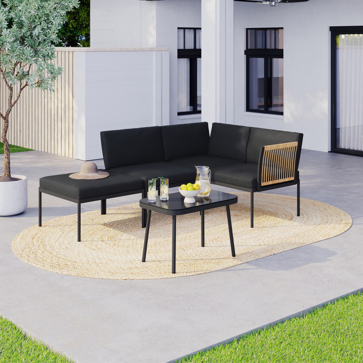 Set di mobili da giardino modulari bassi RIO 4 posti struttura in metallo nero, cordame effetto rattan chiaro con cuscini neri