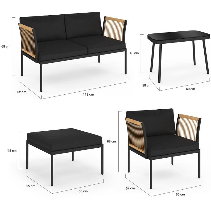 Set di mobili da giardino modulari bassi RIO 4 posti struttura in metallo nero, cordame effetto rattan chiaro con cuscini neri