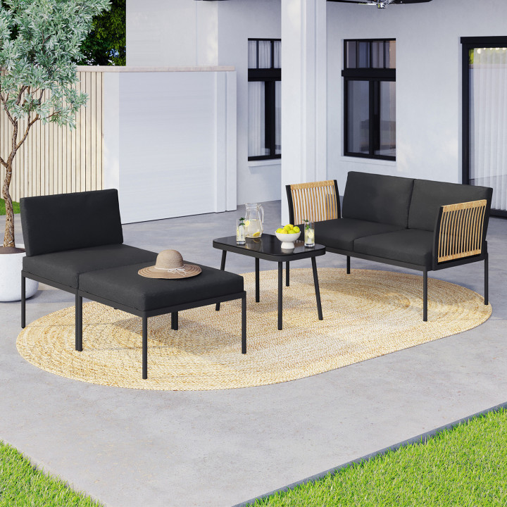 Set di mobili da giardino modulari bassi RIO 4 posti struttura in metallo nero, cordame effetto rattan chiaro con cuscini neri