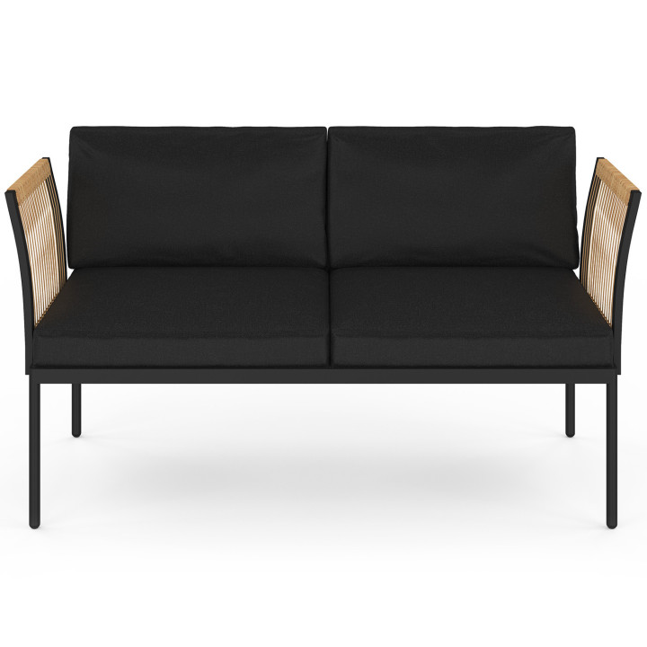 Set di mobili da giardino modulari bassi RIO 4 posti struttura in metallo nero, cordame effetto rattan chiaro con cuscini neri