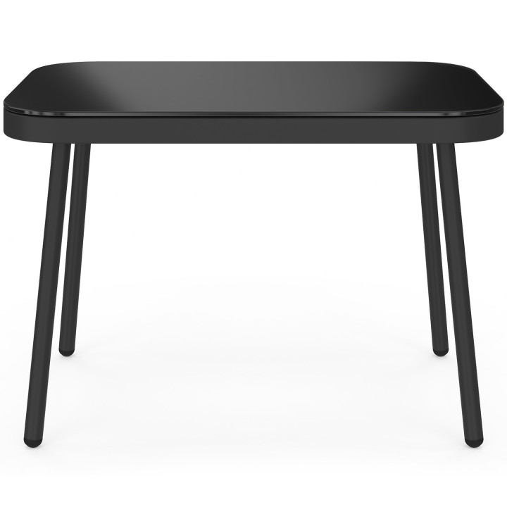 Set di mobili da giardino modulari bassi RIO 4 posti struttura in metallo nero, cordame effetto rattan chiaro con cuscini neri