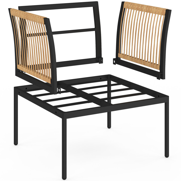 Set di mobili da giardino modulari bassi RIO 4 posti struttura in metallo nero, cordame effetto rattan chiaro con cuscini neri