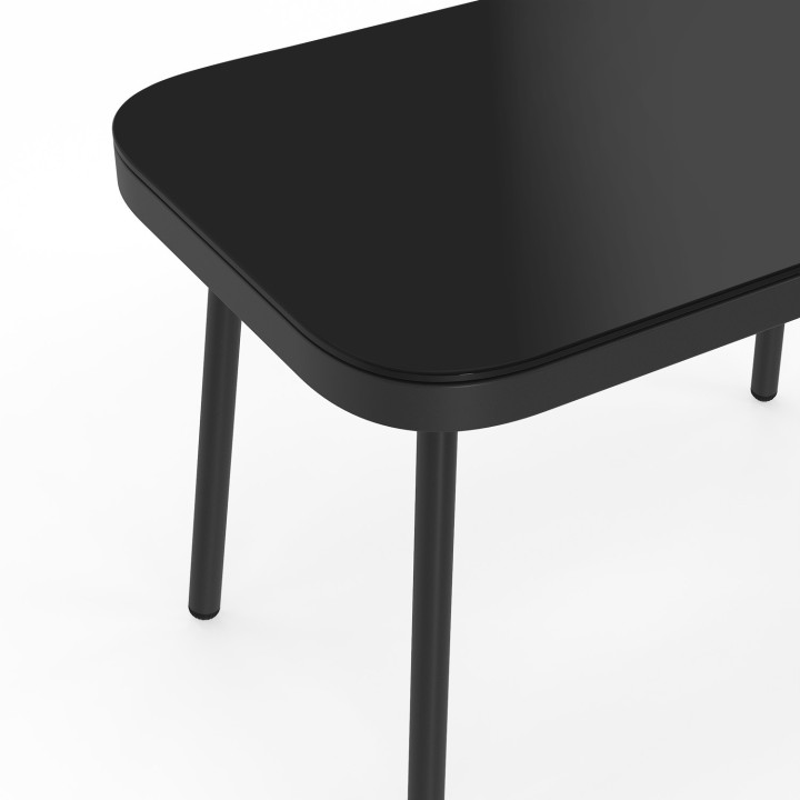 Set di mobili da giardino modulari bassi RIO 4 posti struttura in metallo nero, cordame effetto rattan chiaro con cuscini neri