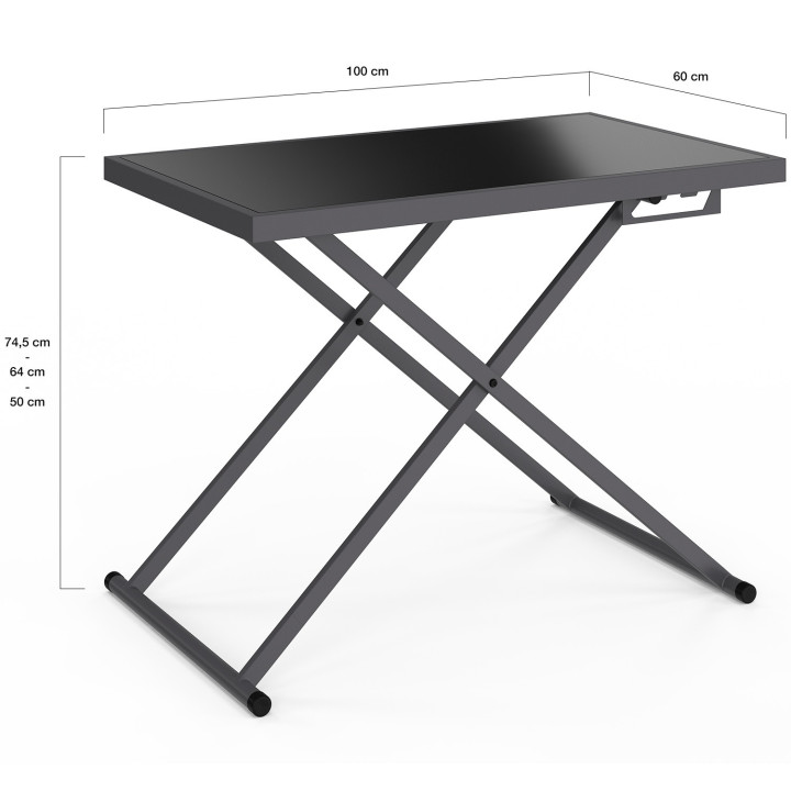 Tavolo da giardino rettangolare sollevabile OLIE 100 cm in metallo grigio antracite e piano grigio