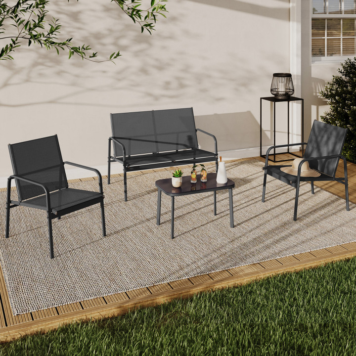 Set di mobili da giardino bassi a 4 posti con divano, poltrone e tavolo grigio antracite