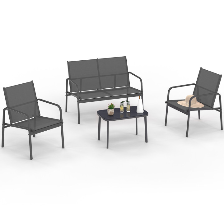 Set di mobili da giardino bassi a 4 posti con divano, poltrone e tavolo grigio antracite