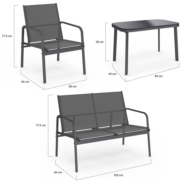 Set di mobili da giardino bassi a 4 posti con divano, poltrone e tavolo grigio antracite