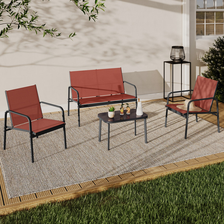 Set di mobili da giardino a 4 posti con divano, poltrone e tavolo in terracotta