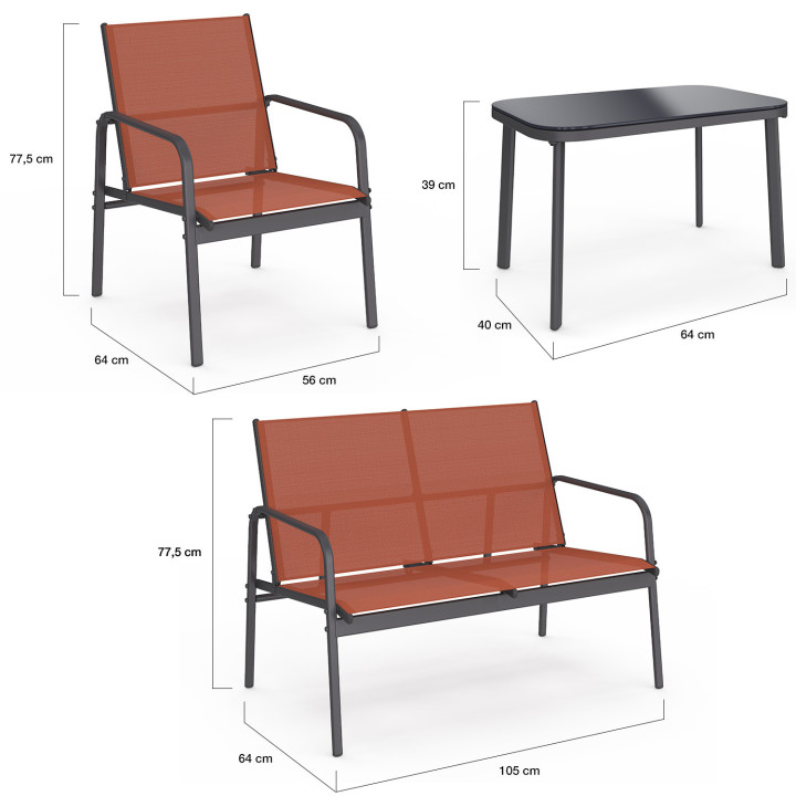 Set di mobili da giardino a 4 posti con divano, poltrone e tavolo in terracotta