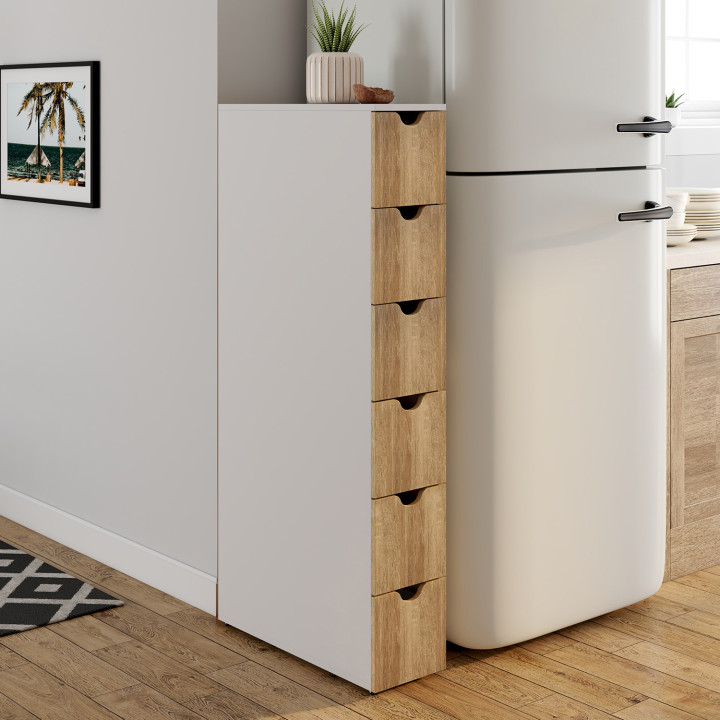 Colonna salvaspazio a 6 cassetti su rotelle in finitura bianca e faggio