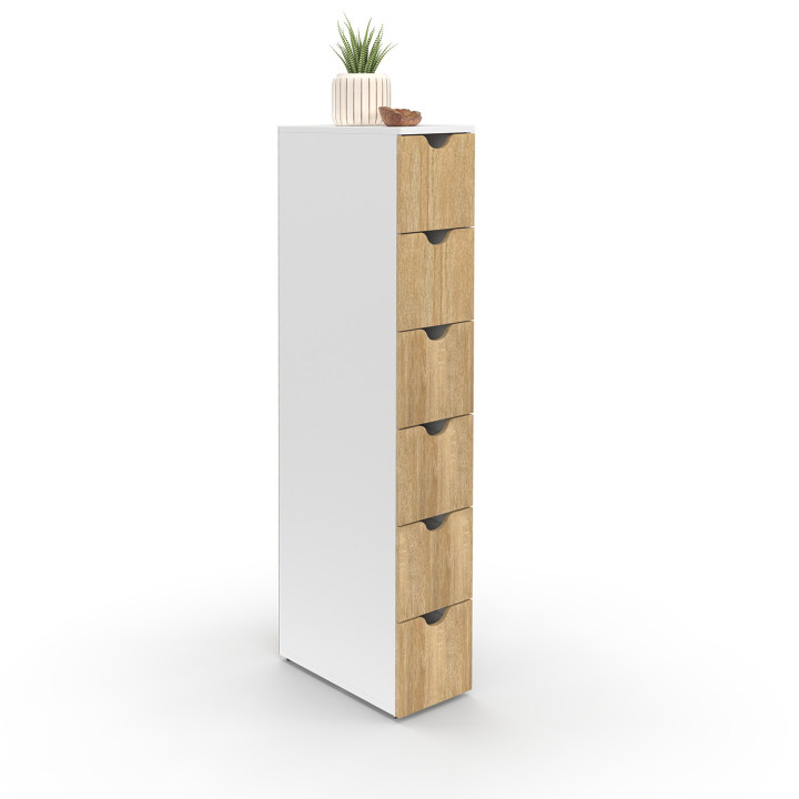 Colonna salvaspazio a 6 cassetti su rotelle in finitura bianca e faggio