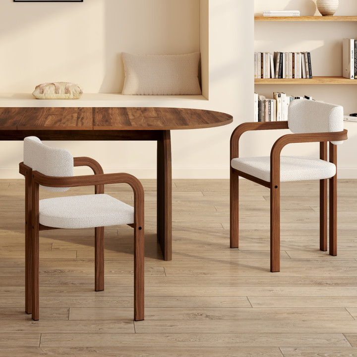 Set di 2 sedie da pranzo e poltrone da tavolo in metallo effetto noce e tessuto bouclette con braccioli