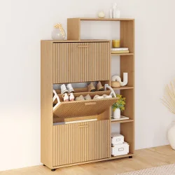 Scarpiera a 3 ante da 18 pezzi con ripiani a doghe in rovere - JULIETTE | IdMarket