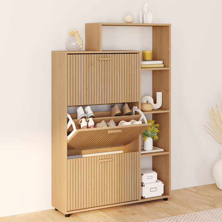 Scarpiera a 3 ante da 18 pezzi con ripiani a doghe in rovere - JULIETTE | IdMarket