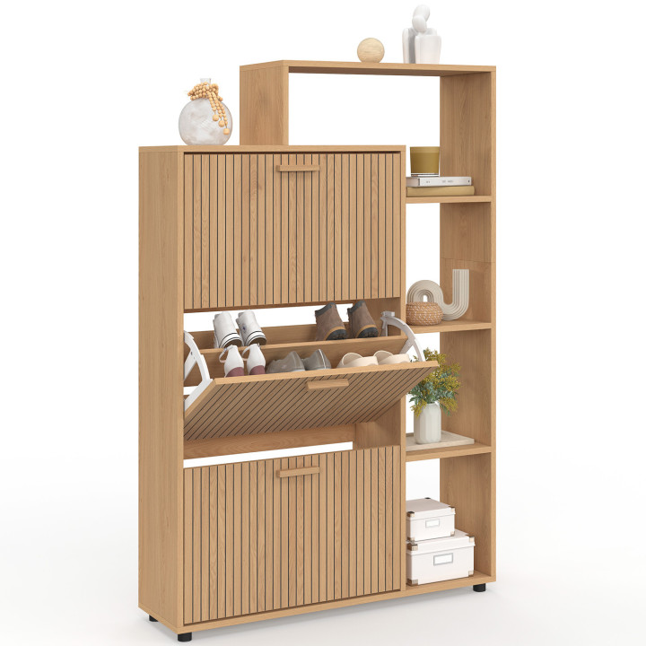 Scarpiera a 3 ante da 18 pezzi con ripiani a doghe in rovere - JULIETTE | IdMarket