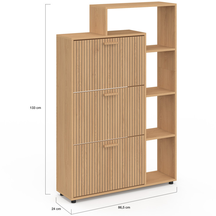 Scarpiera a 3 ante da 18 pezzi con ripiani a doghe in rovere - JULIETTE | IdMarket