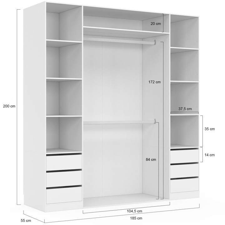 Armadio doppio 185 x 55 x 200 cm con ripiani + armadio doppio + cassettiera bianca - TAYLOR | IdMarket