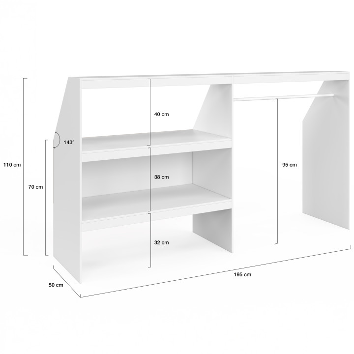 Set spogliatoio sottopiano con scaffale a 2 livelli e armadio estensibile 195 x 50 x 70/110 cm bianco