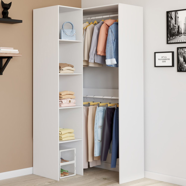 Armadio angolare modulare L. 90 / 127 cm armadio doppio + ripiani bianco