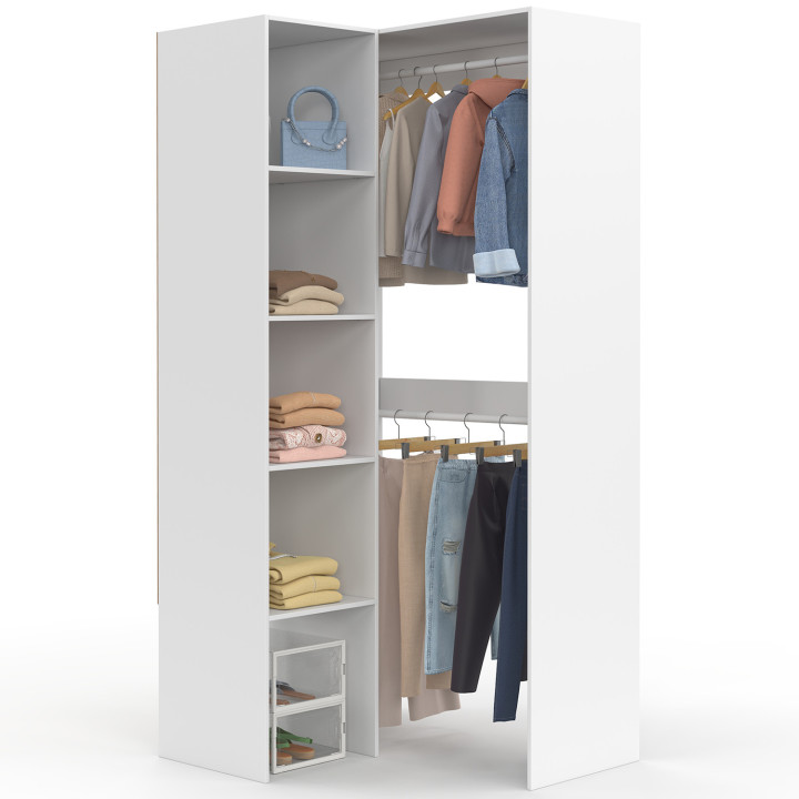 Armadio angolare modulare L. 90 / 127 cm armadio doppio + ripiani bianco