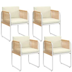 Set di 4 sedie con struttura in metallo bianco, cordoncino effetto rattan chiaro e cuscini beige