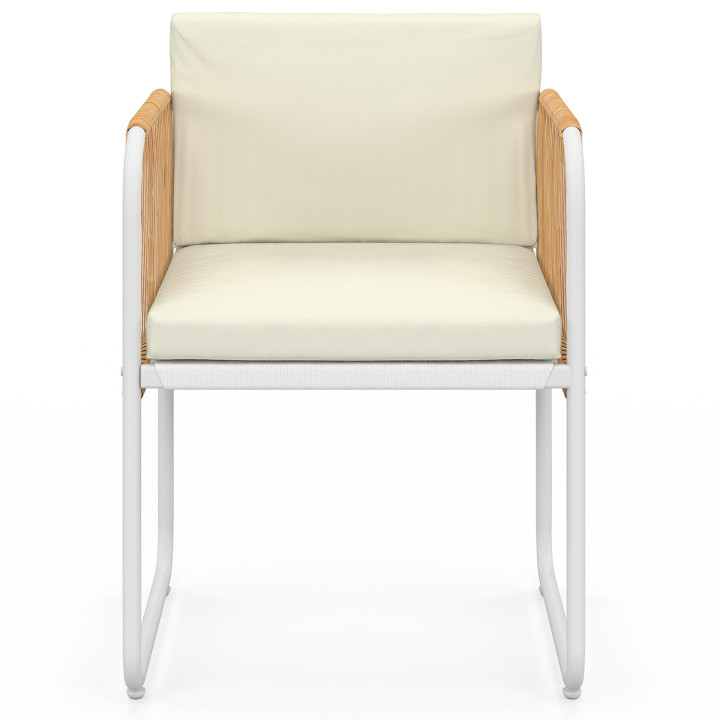 Set di 4 sedie con struttura in metallo bianco, cordoncino effetto rattan chiaro e cuscini beige
