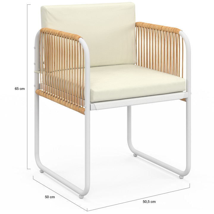 Set di 4 sedie con struttura in metallo bianco, cordoncino effetto rattan chiaro e cuscini beige