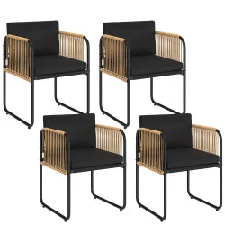 Set di 4 sedie da giardino con struttura in metallo nero, cordoncino effetto rattan chiaro e cuscini neri - RIO | IdMarket