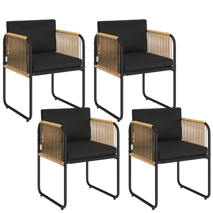Set di 4 sedie da giardino con struttura in metallo nero, cordoncino effetto rattan chiaro e cuscini neri - RIO | IdMarket