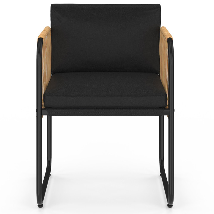 Set di 4 sedie da giardino con struttura in metallo nero, cordoncino effetto rattan chiaro e cuscini neri - RIO | IdMarket
